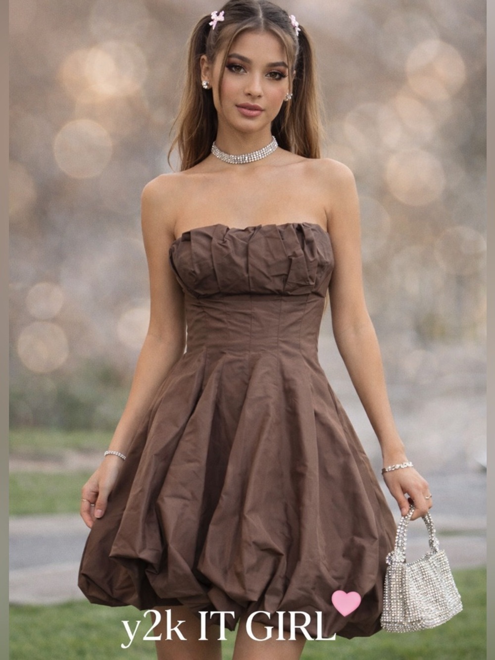 BCBGMaxAzria Y2K Silk Bubble Hem Strapless Dress Brown Size 8 Prom 2026 Coquette